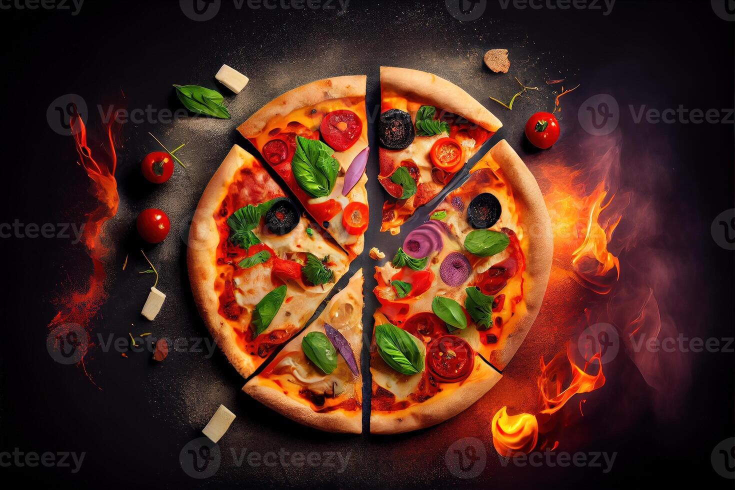 illustration of Homemade pizza with tomato and olives on dark stone background photo