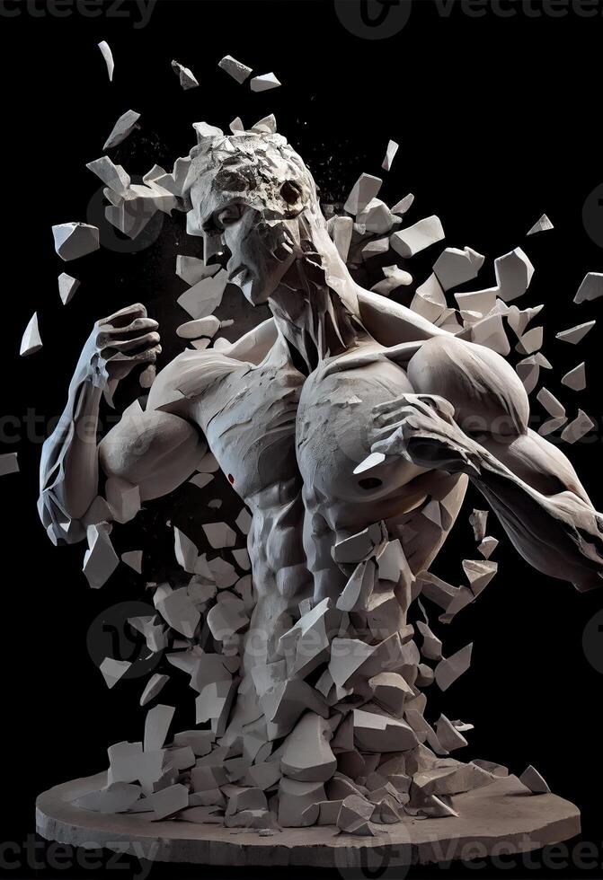 illustration of realistic stone man sculpture broken and pieces in black background. Motivation and surpassing yourself concept photo