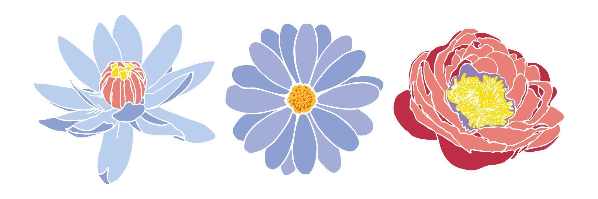 A set of contours of flowers in pastel colors in a flat style.Minimalistic design and delicate shades of flower buds on a white background. Vector illustration.