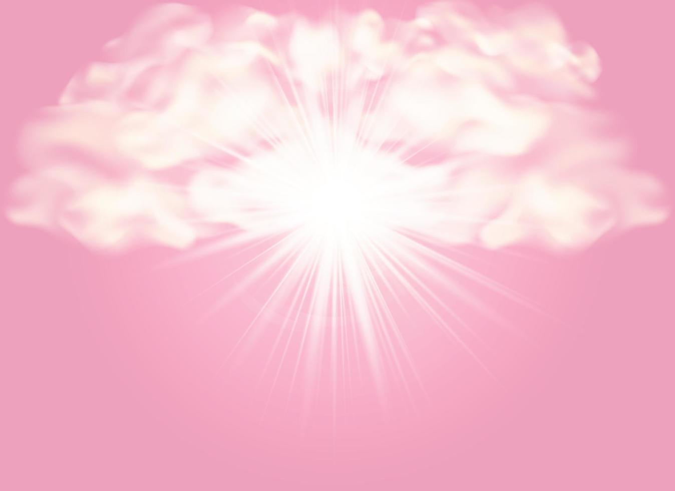 Background with rays and clouds. Pink background with clouds, sun with glowing sunbeams, flare, light and place for text. Vivid rays emanating from a central point. Vector illustration.