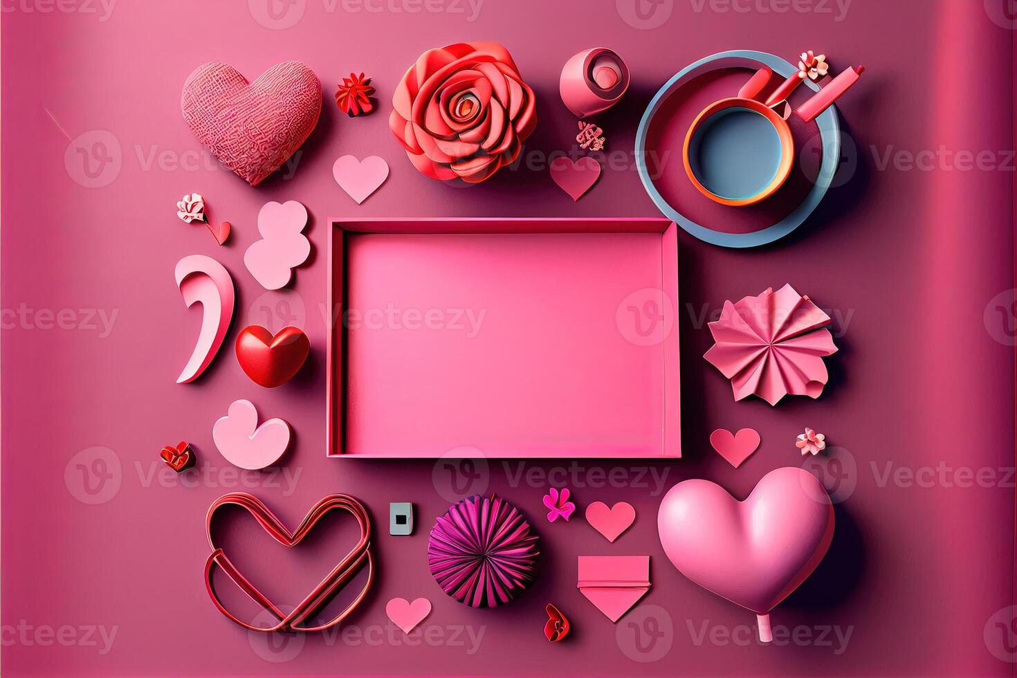 illustration of Valentine frame and banner. Red decoration. flat lay, romantic. Love and valentine day concept. Neural network generated art. Digitally generated image. photo