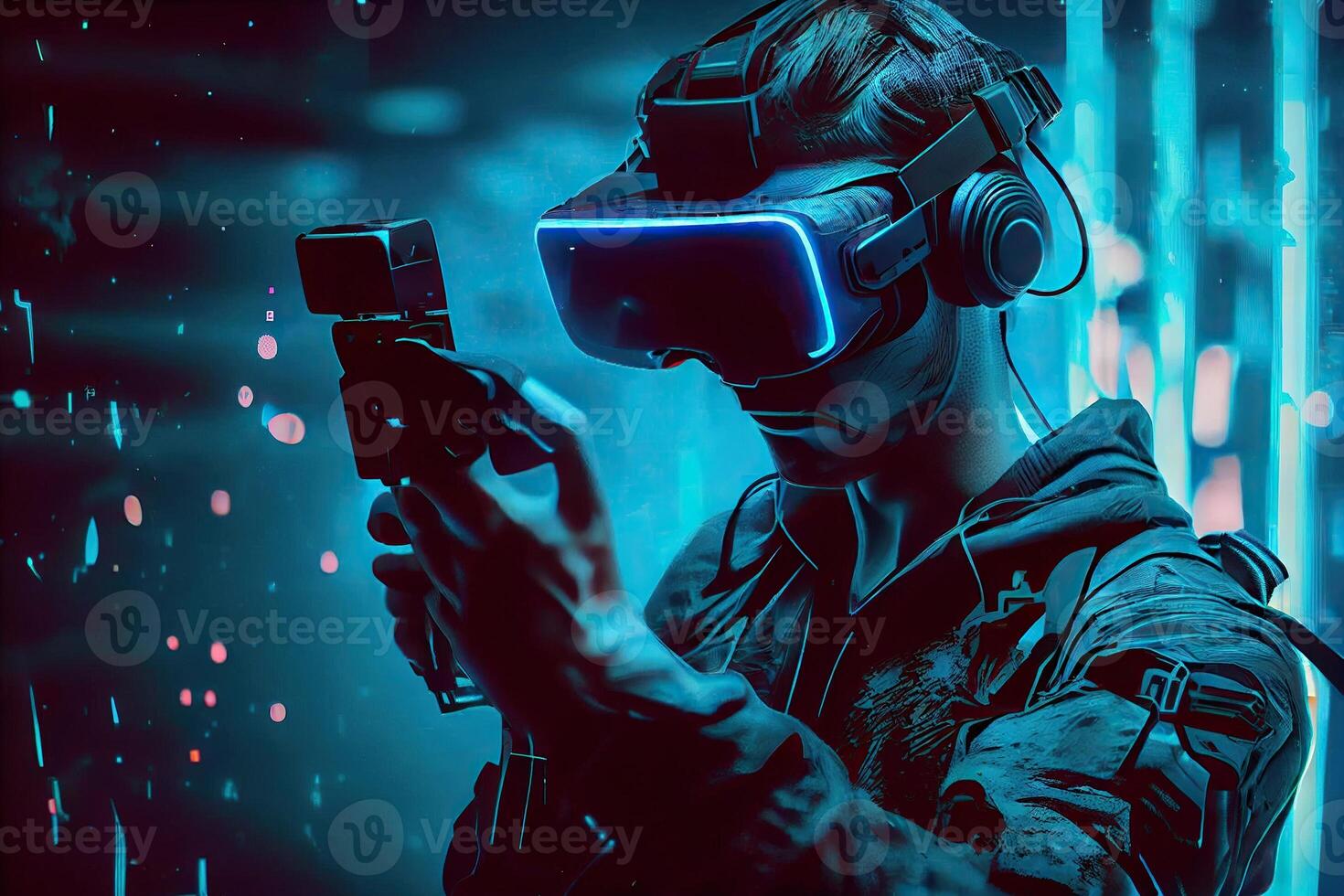 illustration of man with virtual reality VR goggle playing AR augmented reality game and entertainment, futuristic metaverse gameFi NFT game ideas photo