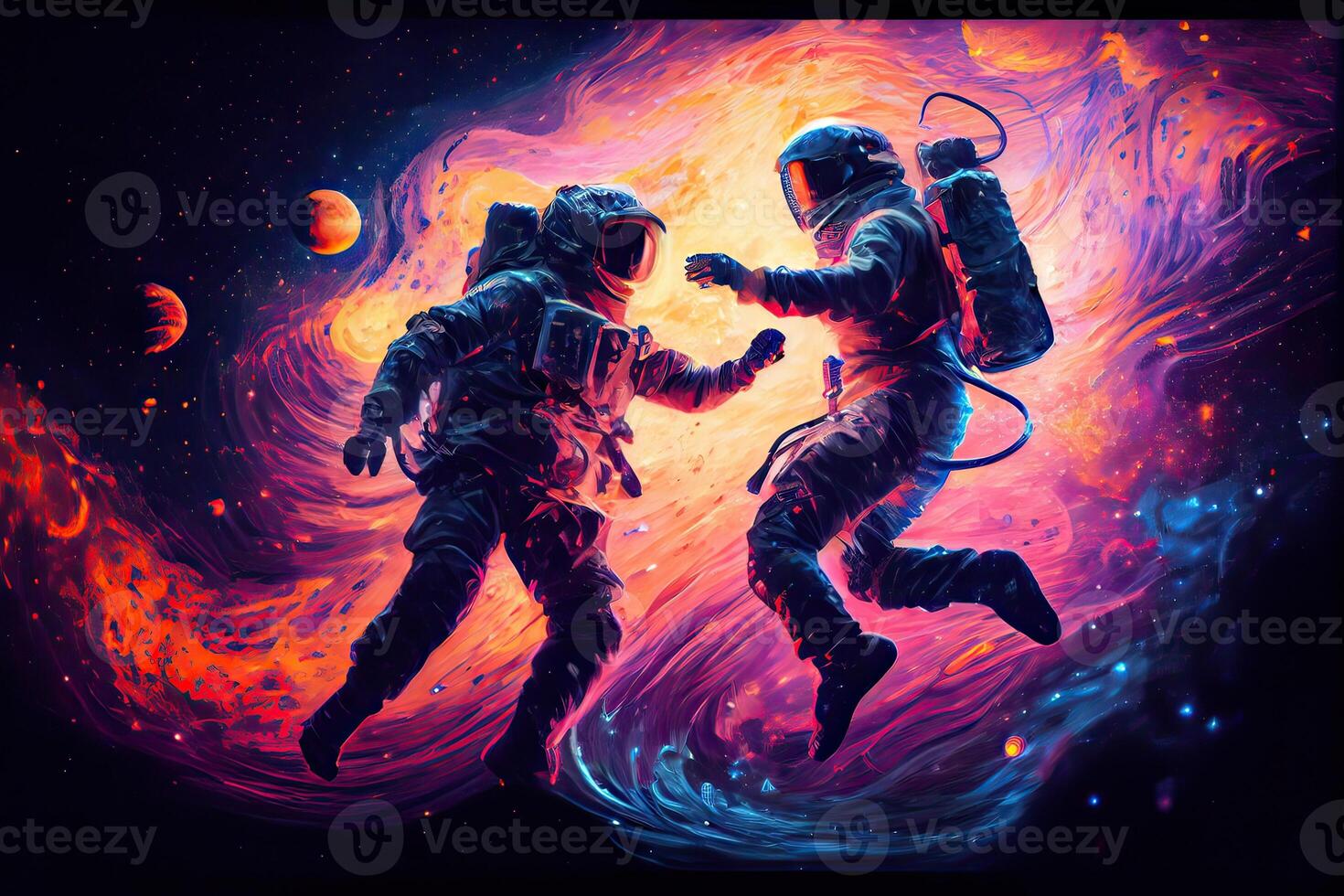 illustration of two astronauts, dressed in spacesuits, are floating in zero gravity while dancing closely. The background is a breathtaking view of the galaxy, with stars and nebulae photo