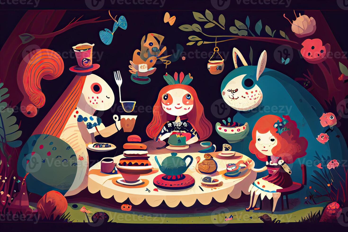 illustration of a whimsical tea party scene with a variety of talking animals and characters, in a colorful and playful style in wonderland photo