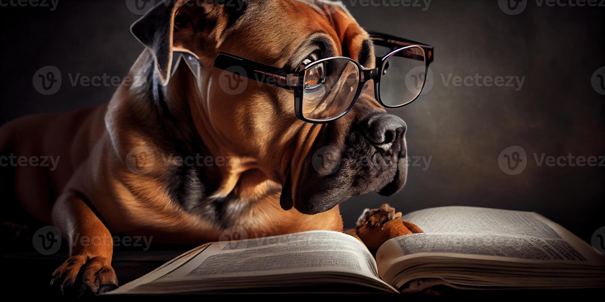 illustration of Intelligent serious dog in glasses reading a book, volumn light photo