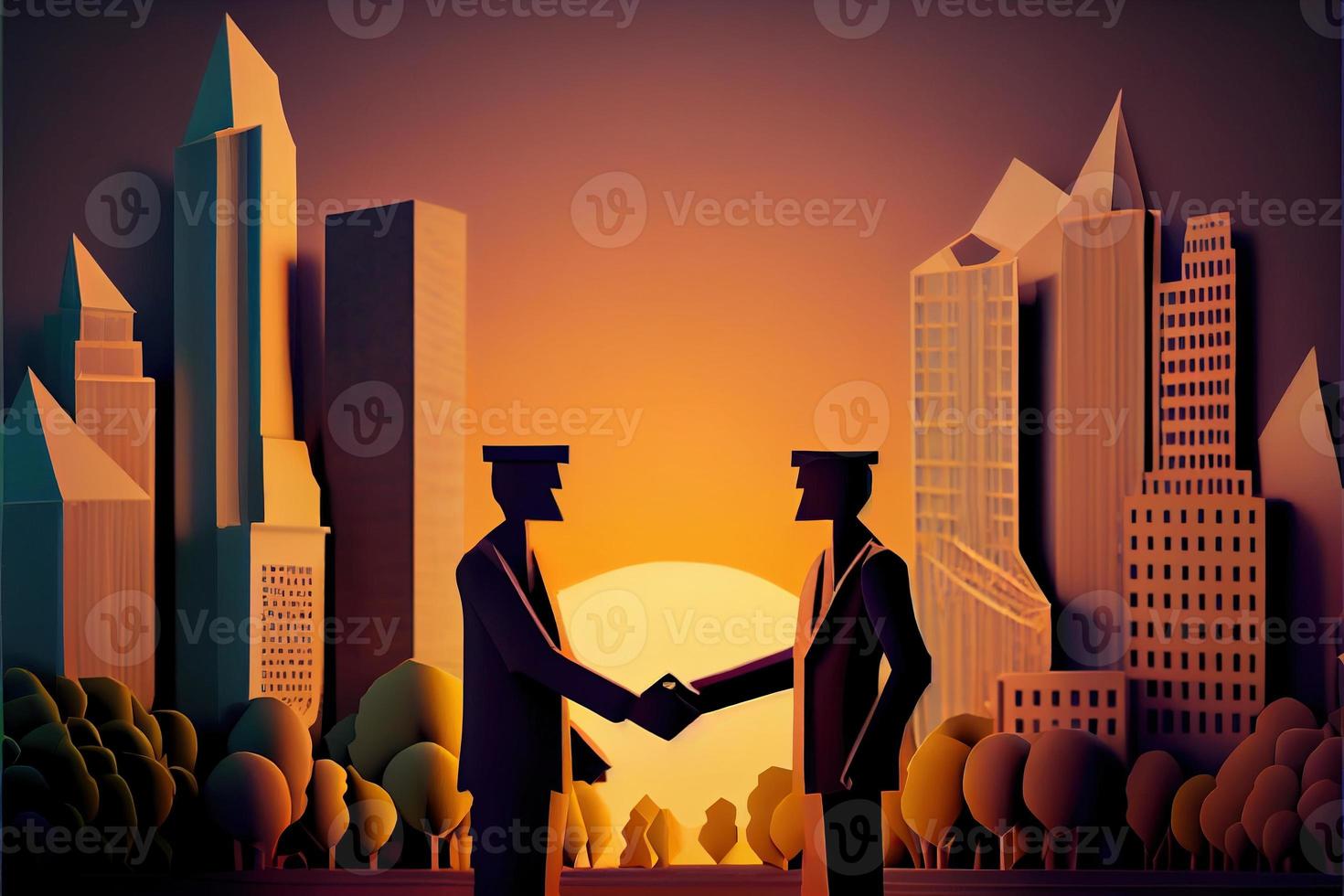 Business man in the city background, colorful. Business handshaking, successful concept. Paper cut craft, 3d paper illustration style. Neural network generated art. photo