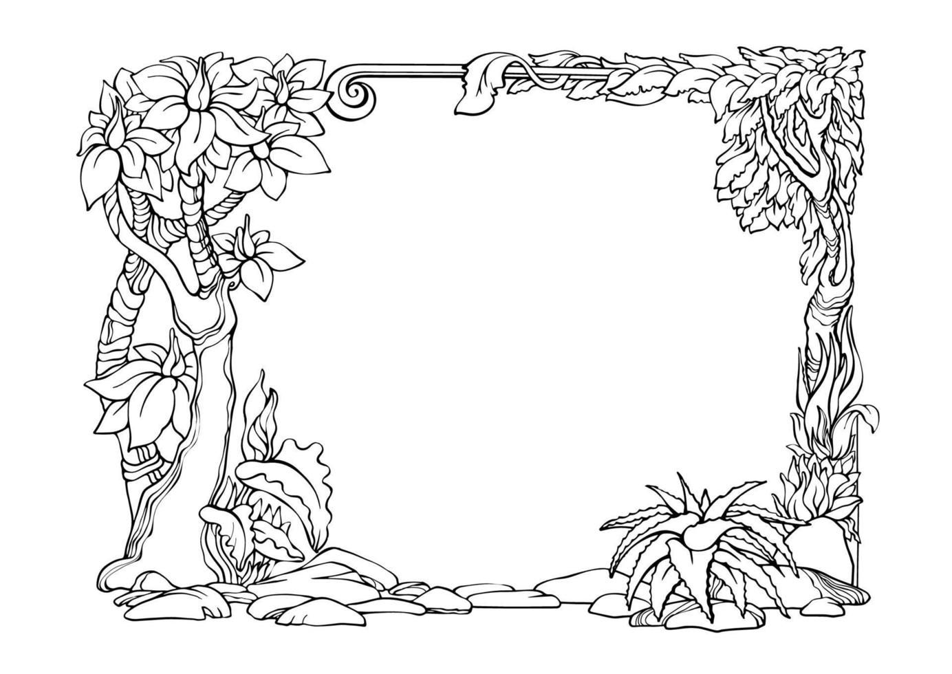 Botanical border with tropical plants. Outline floral frame. Vector