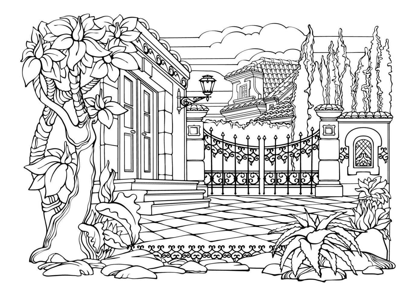 Romantic old town. Coloring Pages. Anti-stress colouring book. Vector. vector