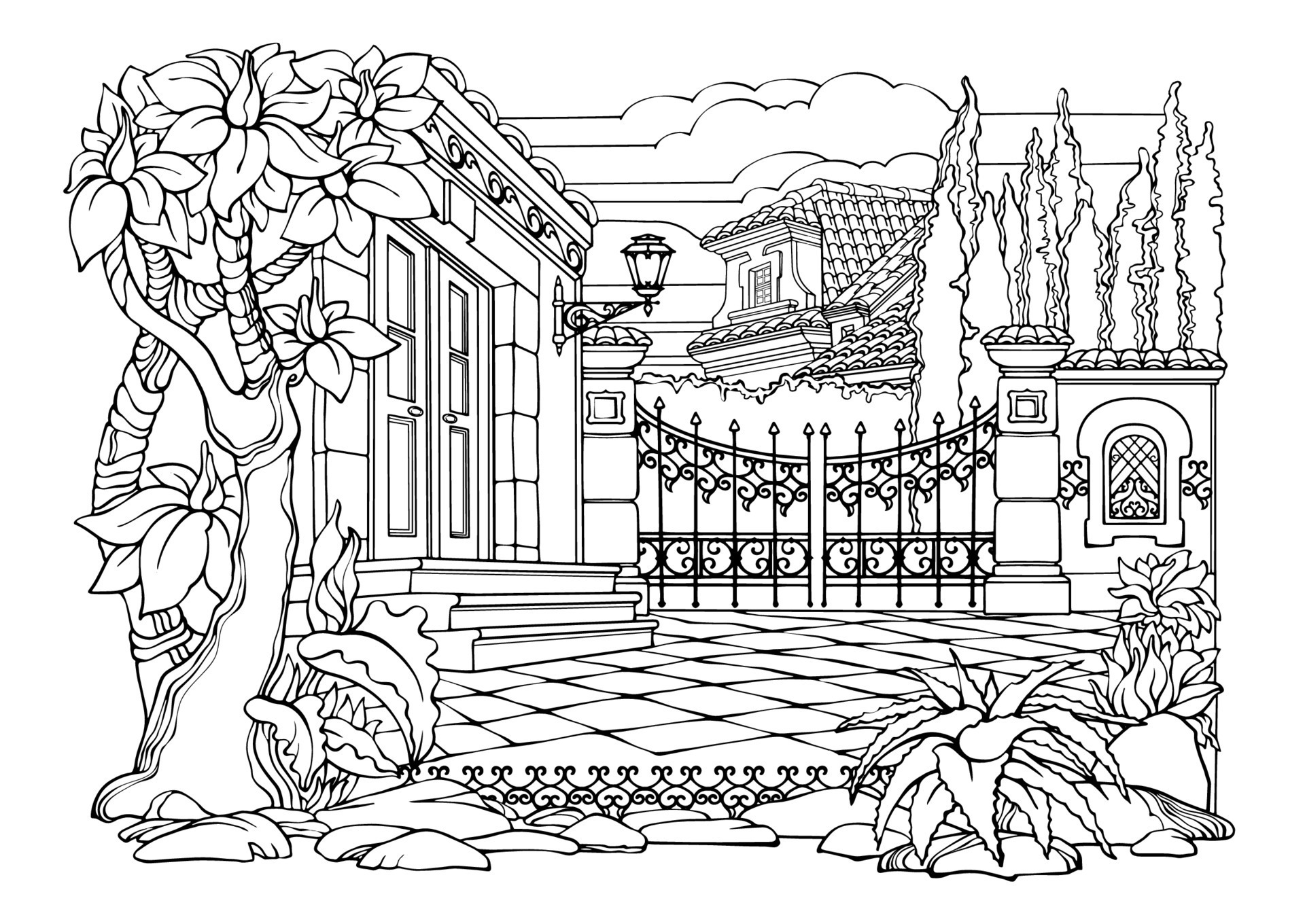 Romantic Old Town Coloring Pages Coloring Book Adults Stress Colouring  Stock Vector by ©VeYe 655389348