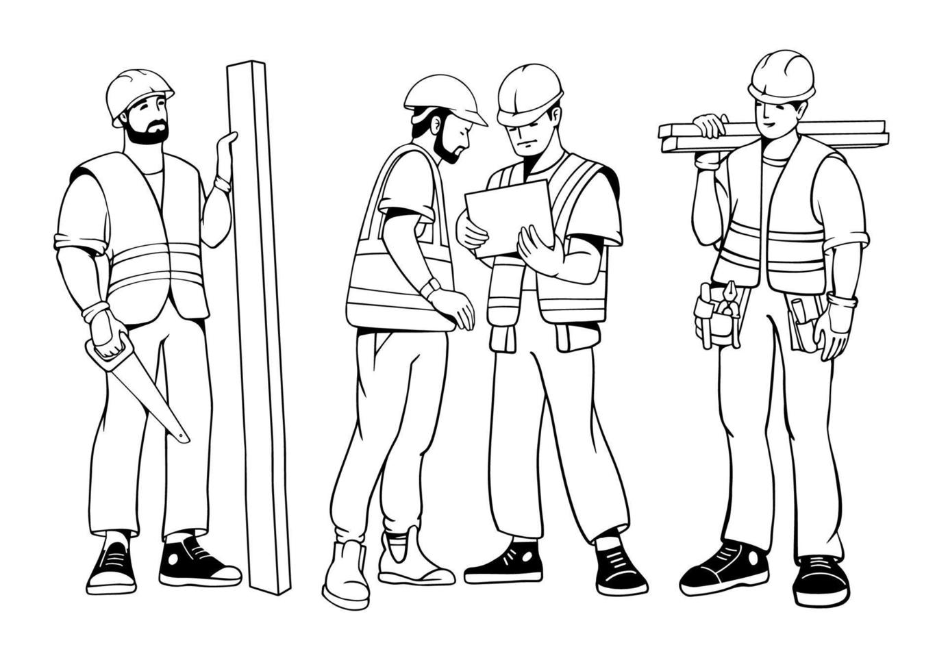 Construction workers set. Carpenter repairman wearing uniform. Vector, Line art. vector