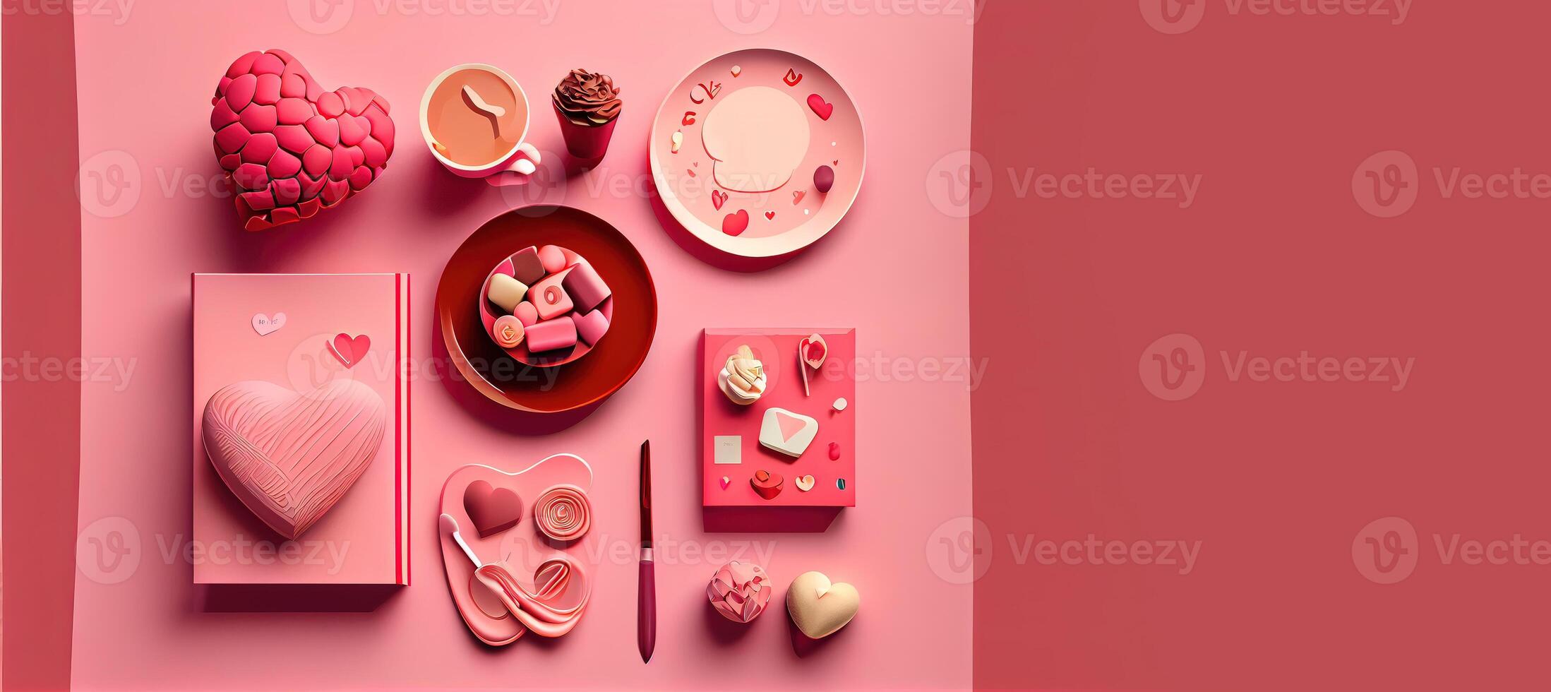 illustration of Valentine frame and banner. Red decoration. flat lay, romantic. Love and valentine day concept. Neural network generated art. Digitally generated image. photo