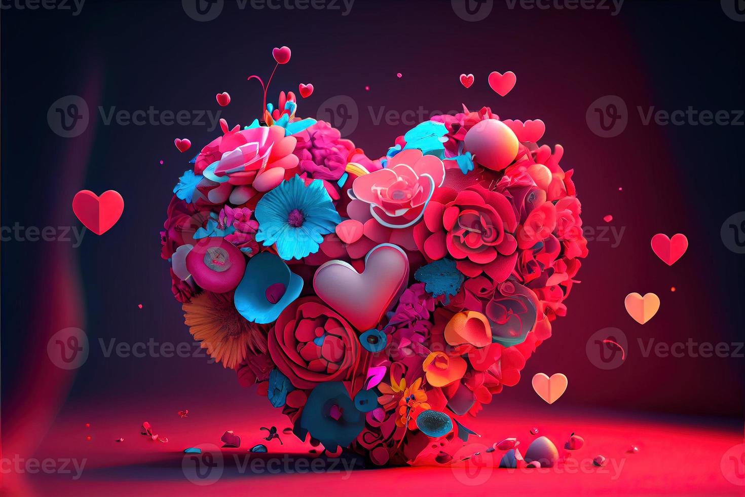 valentines day background, love heart shape make by rose, cherry blossom, daisy flowers... . Neural network generated art. Digitally generated image. Not based on any actual scene or pattern. photo