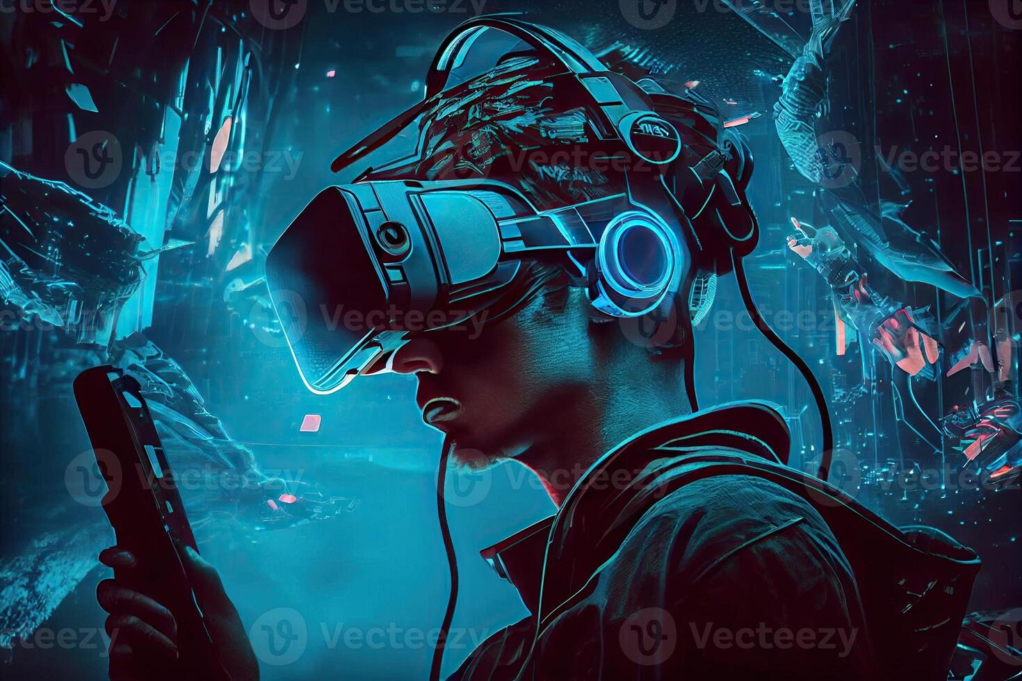 Generative AI illustration of man with virtual reality VR goggle