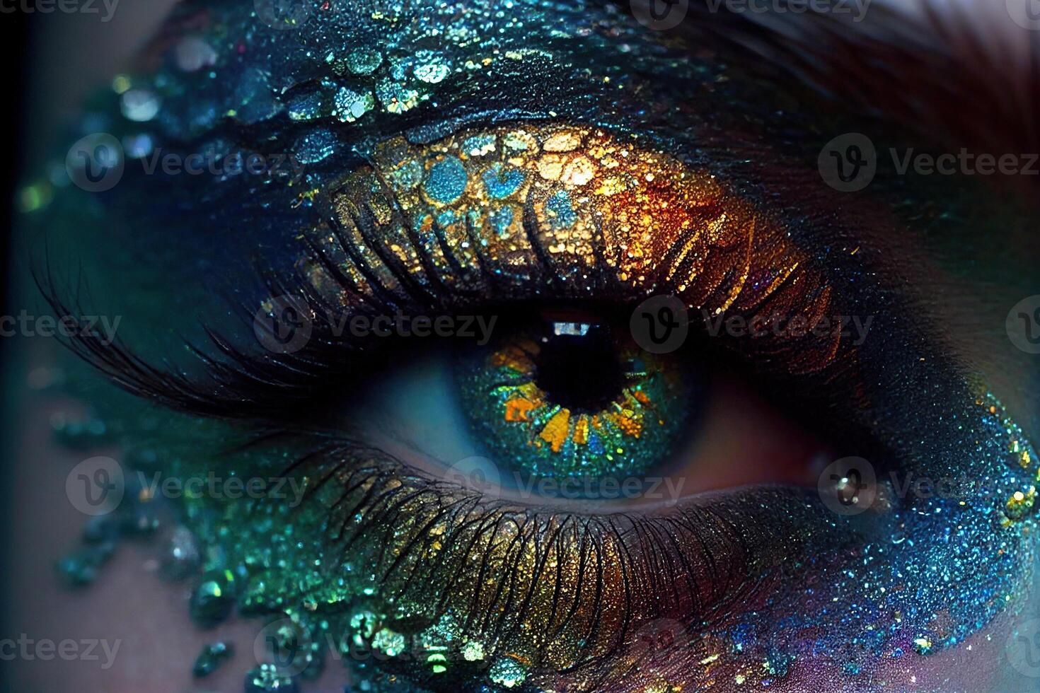 illustration of beautiful female eyes with carnival glass sparkly eyeshadow. Close focus. photo