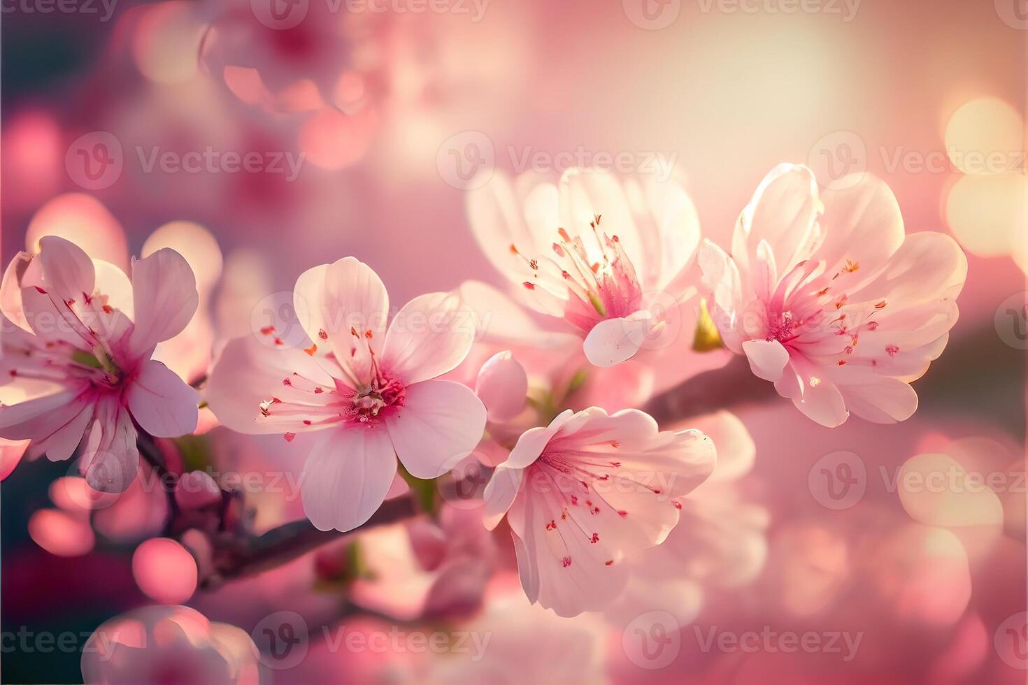 illustration of spring banner, branches of blossoming cherry against pink background and nature outdoors. Pink sakura flowers, dreamy romantic image spring, copy space. photo