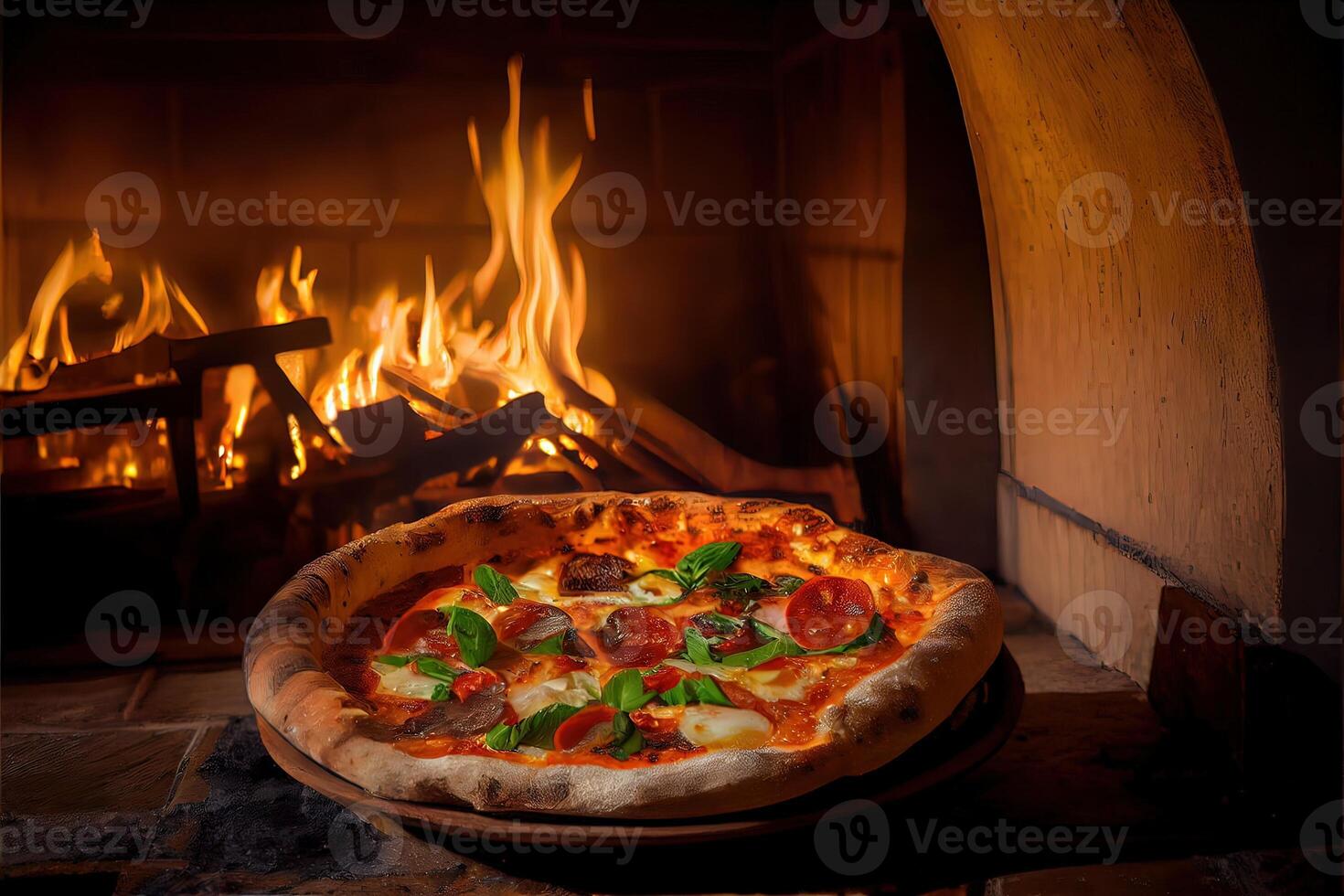 illustration of Italian pizza is cooked in a wood-fired oven. photo