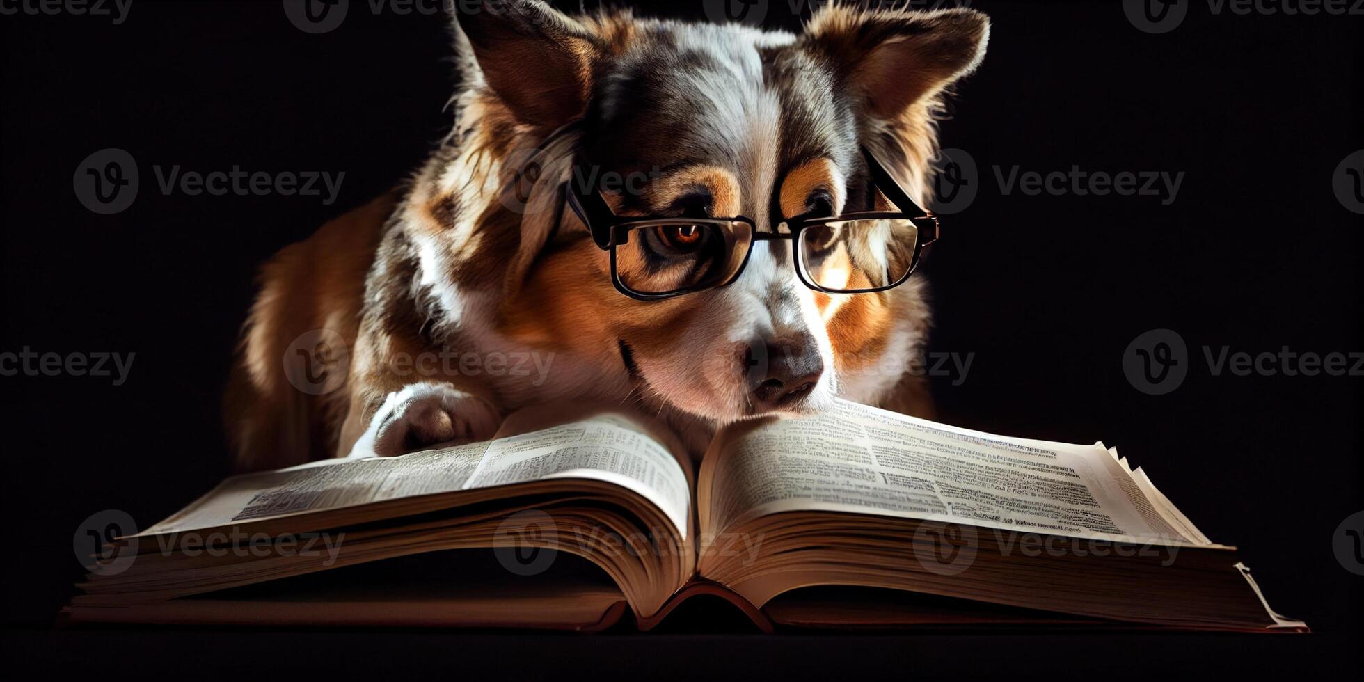 illustration of Intelligent serious dog in glasses reading a book, volumn light photo