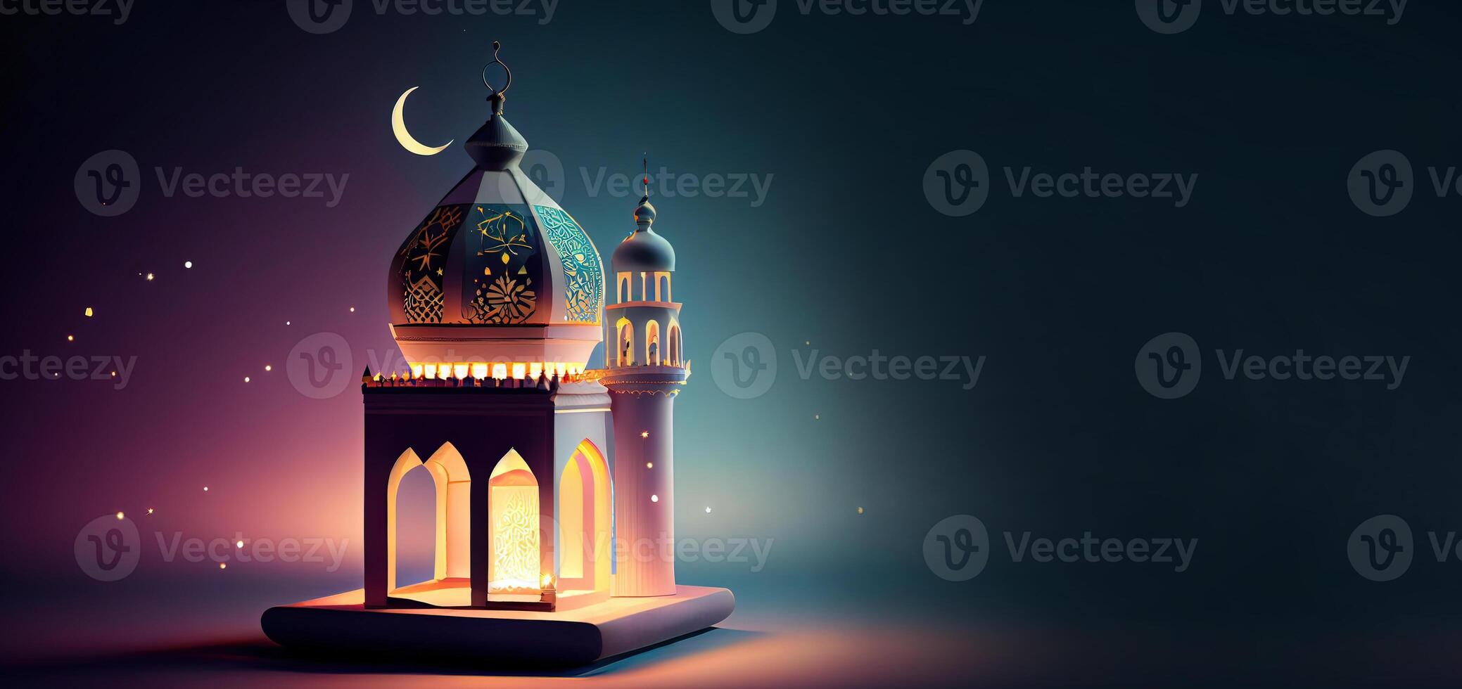 illustration of Islamic holiday. Ramadan night. Mosque and lantern displayed on stages with glowing light in the evening. Wallpaper and banner background. photo