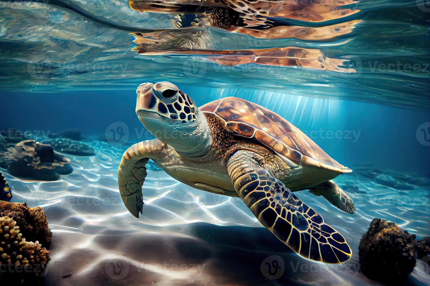 generativo ai ilustración de un mar Tortuga en cristal claro agua. increíble cristalino fondo del mar. arrecife lleno de vida foto