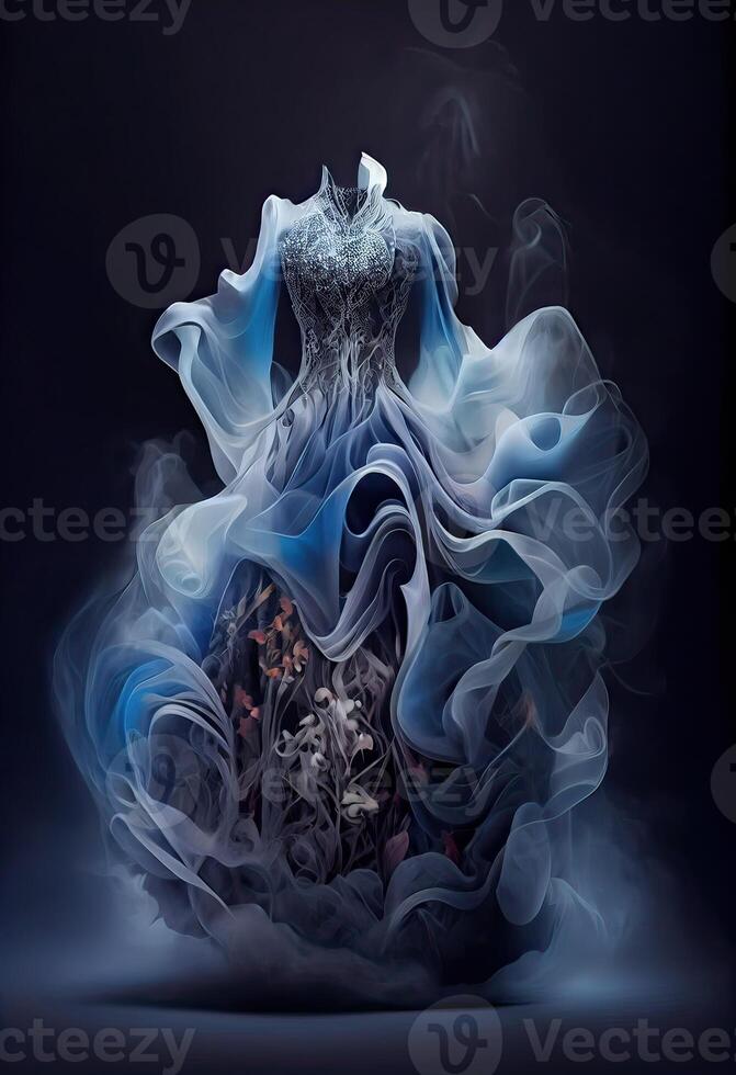 illustration of Fashion design, dress made from clouds, smoke, mist, shining, spark, sparkling, flora background, bright, cloth folds wave air, glowing, fairy, full length dress photo