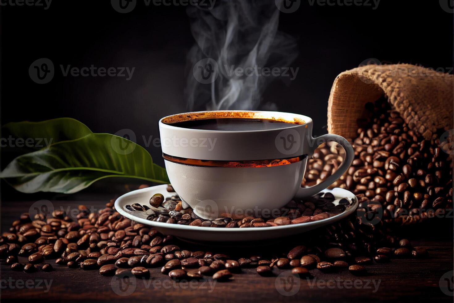 illustration of Cup of coffee and coffee beans on old wooden table and the plantations tea hill background photo