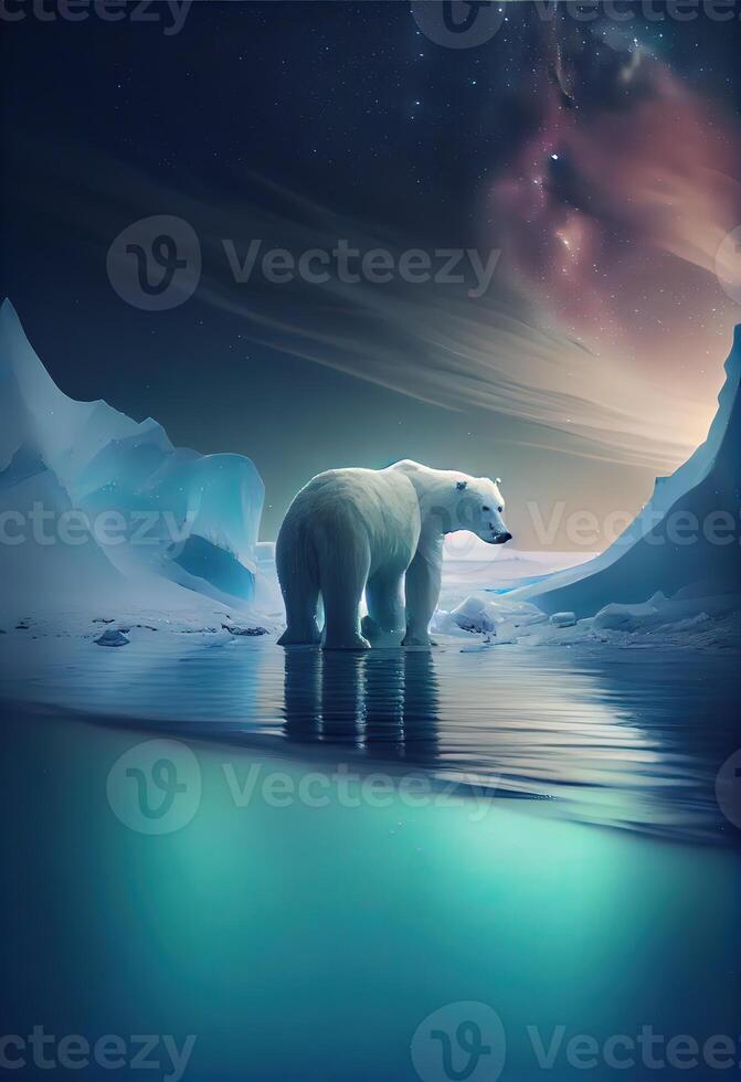 illustration of lonely white bear on iceberg, aurora sky photo
