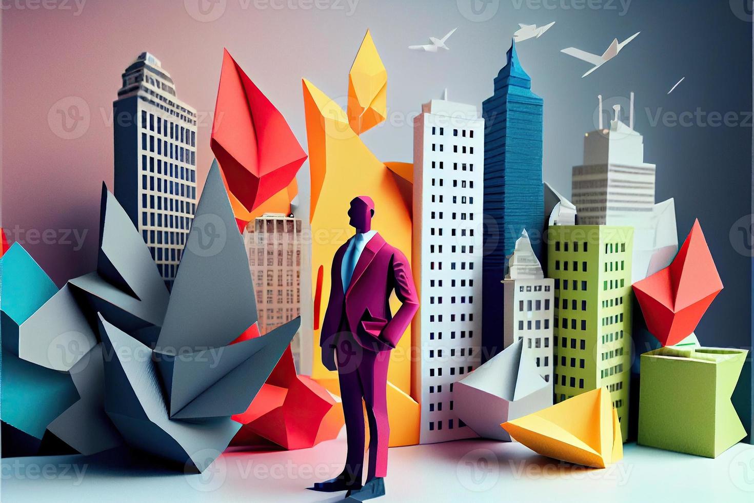 Business man in the city background, colorful. Business handshaking, successful concept. Paper cut craft, 3d paper illustration style. Neural network generated art. photo