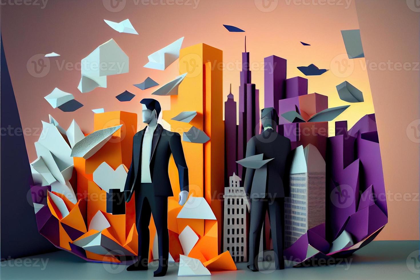 Business man in the city background, colorful. Business handshaking, successful concept. Paper cut craft, 3d paper illustration style. Neural network generated art. photo