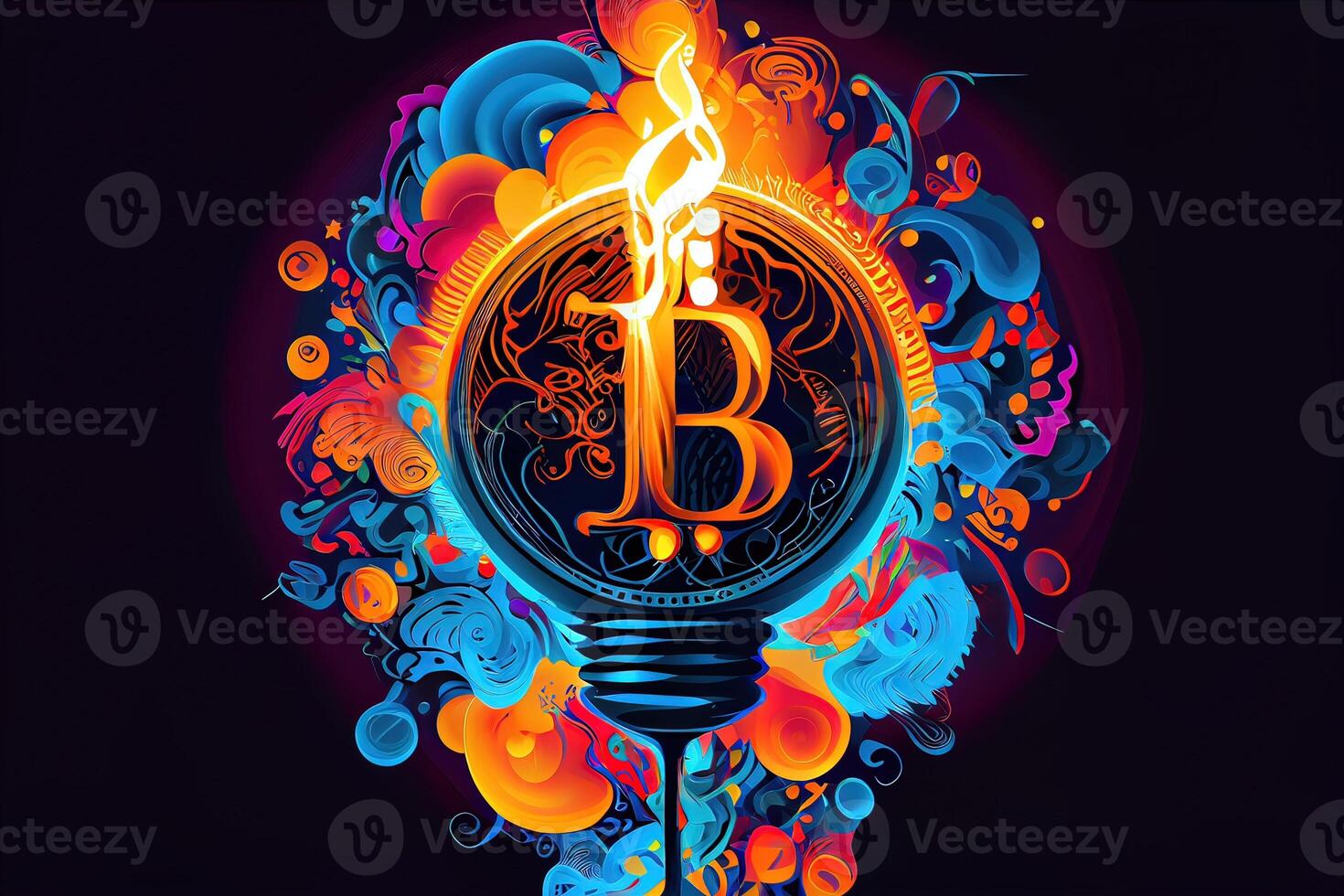 illustration of bit coin bioluminescence, vibrant, dreamy, crepuscular rays, cyberpunk Bitcoin sign with a universal, high tech detail, lighting photo