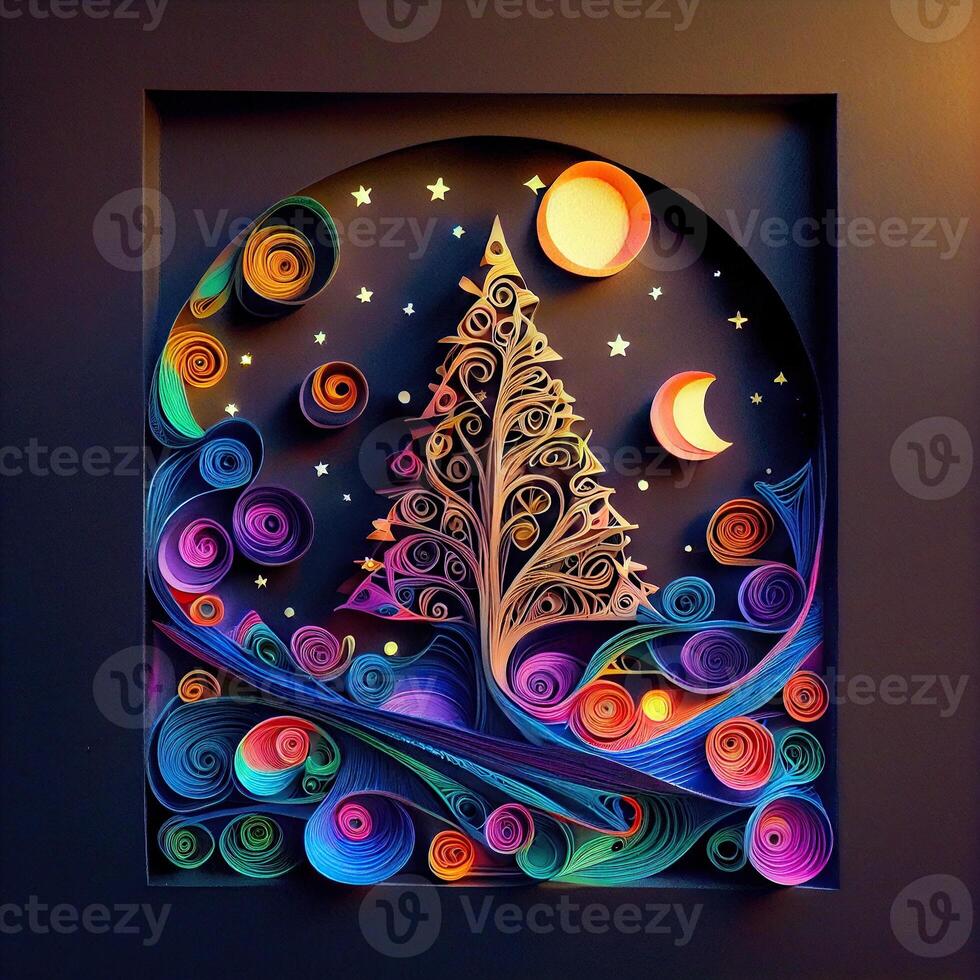 illustration of photo paper cut quilling multidimensional paper cut, craft paper illustration, christmas tree and colored lights vine stars, pop color. Neural network generated art.