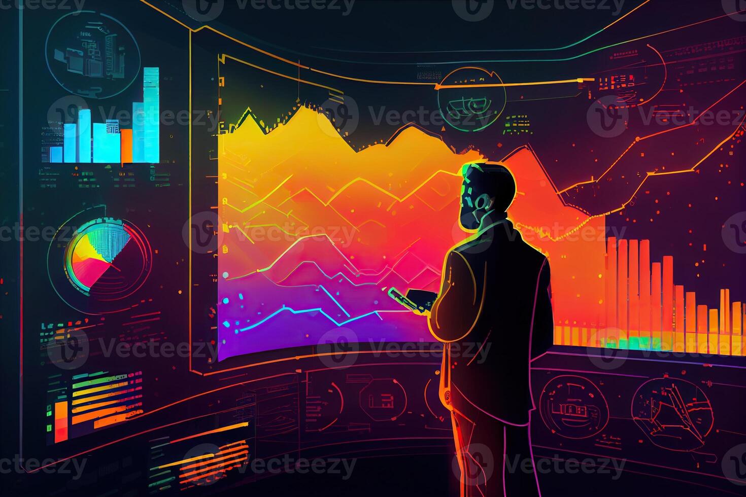illustration of crypto market data, chart, silhouette crypto currency market, isometric, colorful gradient background photo