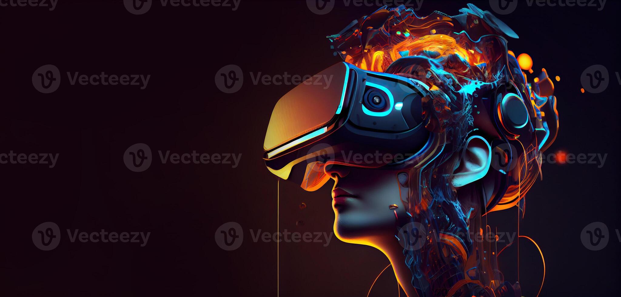 illustration of Metaverse concept and virtual world elements. Side view of human face in augmented or virtual reality headset inside the metaverse photo
