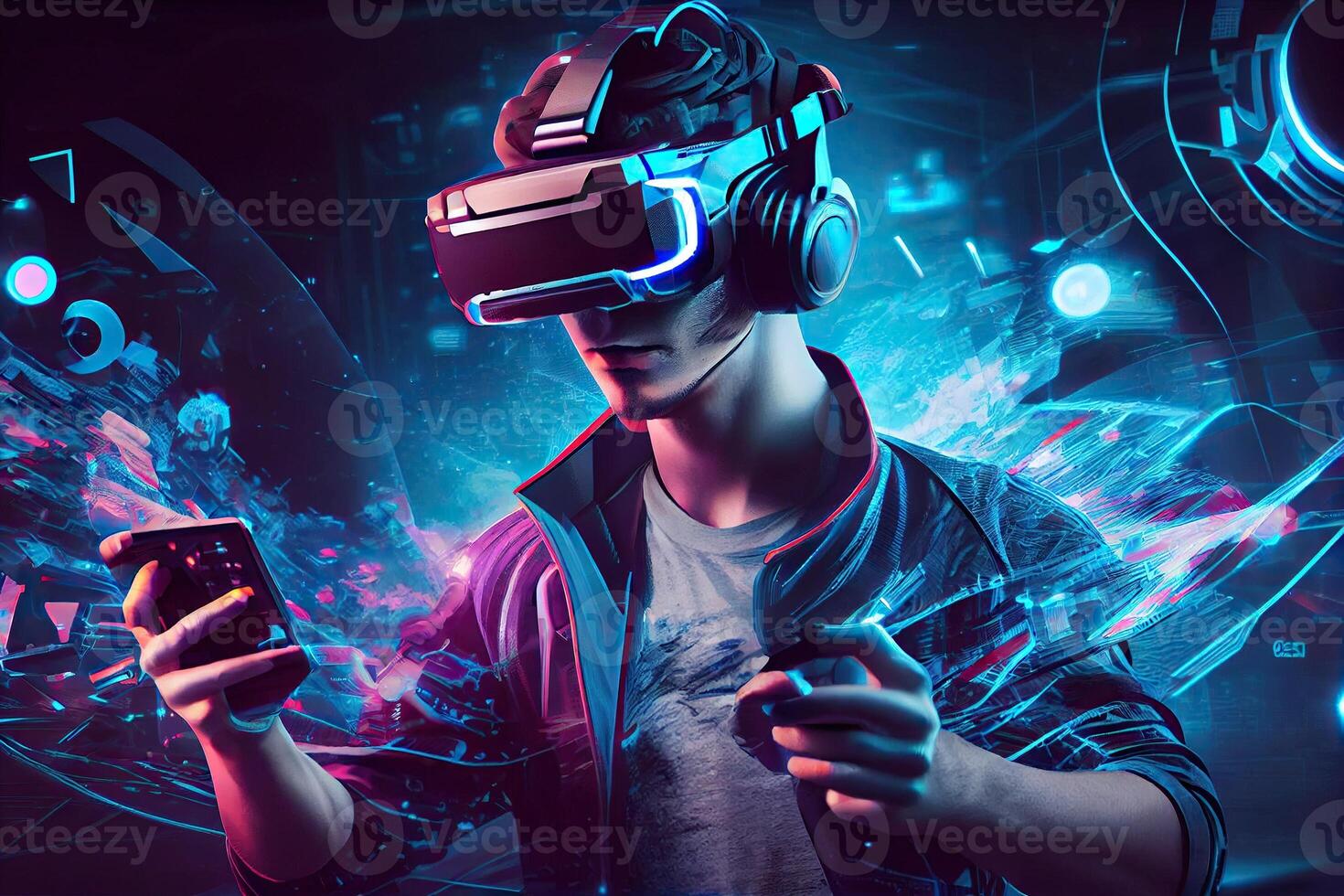 illustration of man with virtual reality VR goggle playing AR augmented reality game and entertainment, futuristic metaverse gameFi NFT game ideas photo