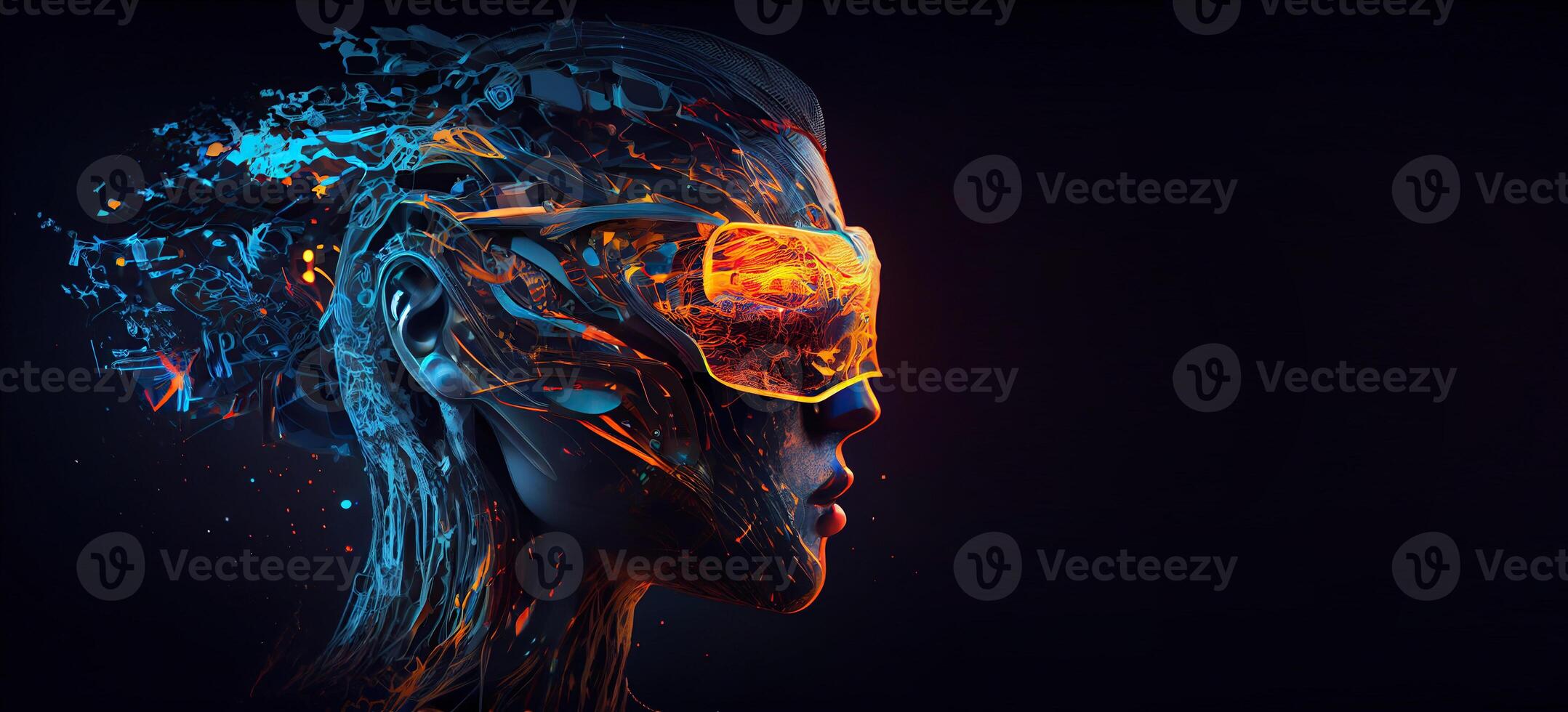 illustration of Metaverse concept and virtual world elements. Side view of human face in augmented or virtual reality headset inside the metaverse photo