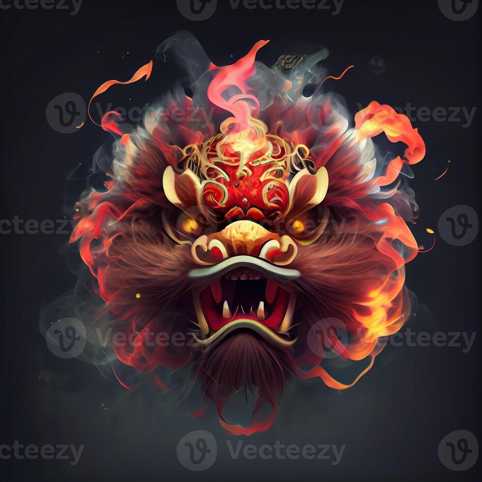 generativo ai ilustración de antropomórfico tradicional chino león bailar, grande redondo ojos, rechoncho cuerpo, chino primavera festival, luminoso partículas, fumar foto