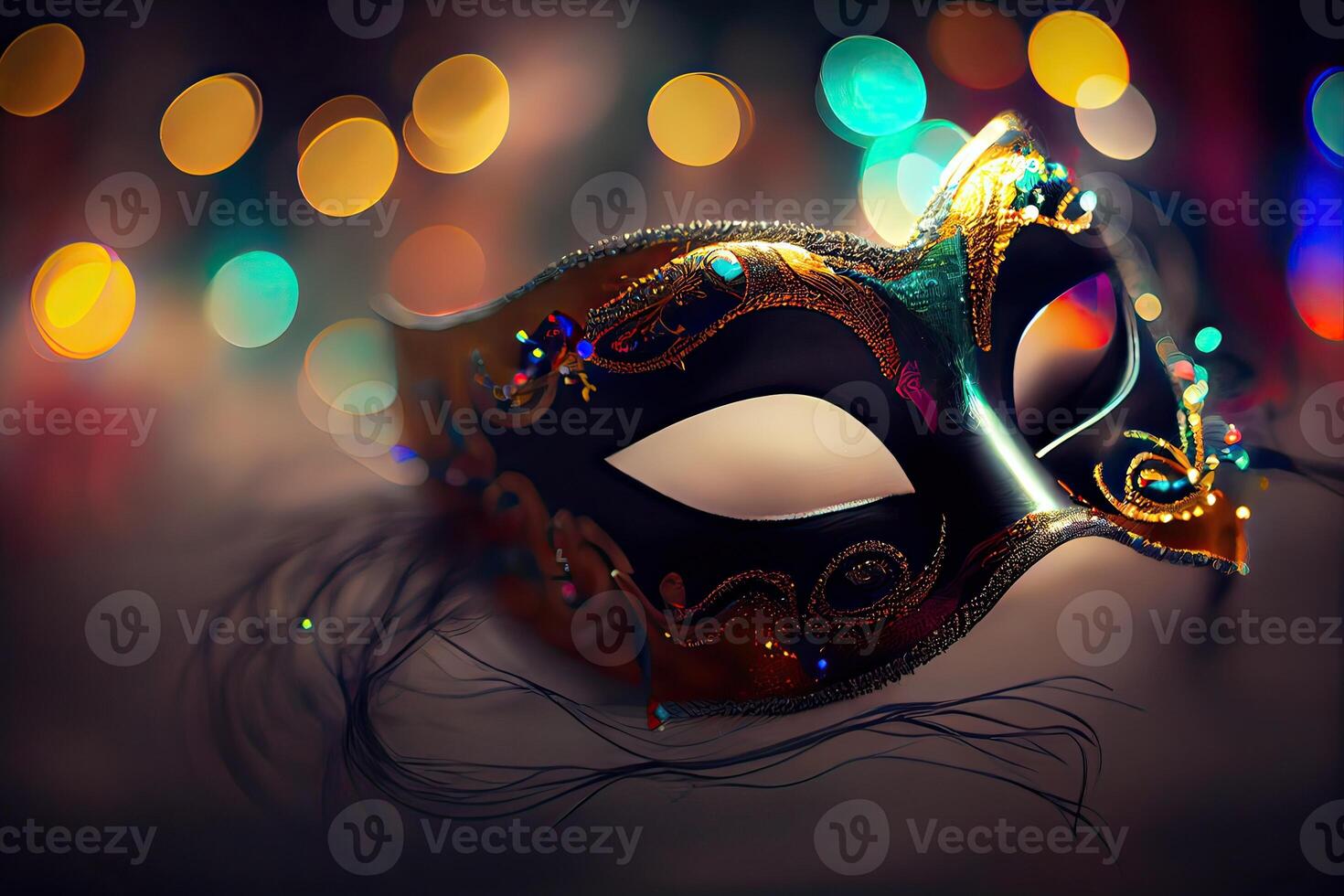 illustration of the vibrant energy and excitement of Brazilian Carnival, Venetian Carnival mask and confetti with abstract defocused bokeh lights and shiny streamers photo