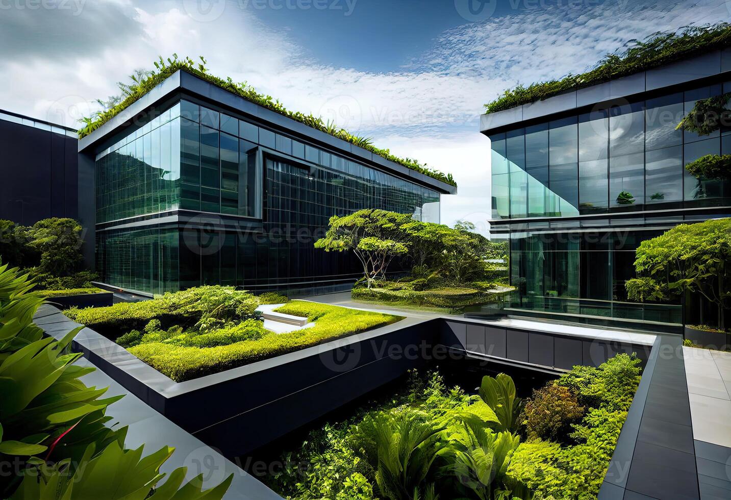 illustration of Gorgeous garden on the rooftop of a contemporary glass office building in Asia photo