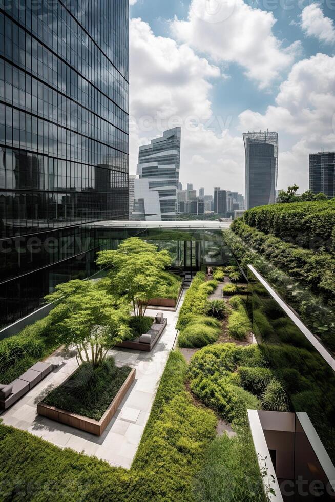 illustration of Gorgeous garden on the rooftop of a contemporary glass office building in Asia photo