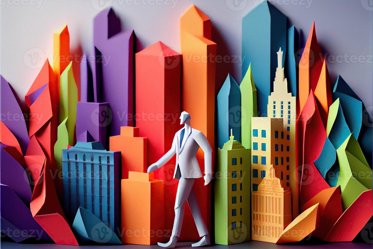Business man in the city background, colorful. Business handshaking, successful concept. Paper cut craft, 3d paper illustration style. Neural network generated art. photo
