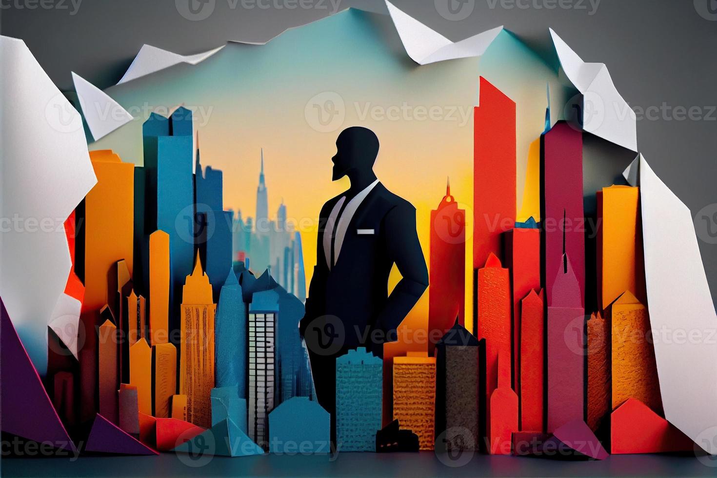 Business man in the city background, colorful. Business handshaking, successful concept. Paper cut craft, 3d paper illustration style. Neural network generated art. photo