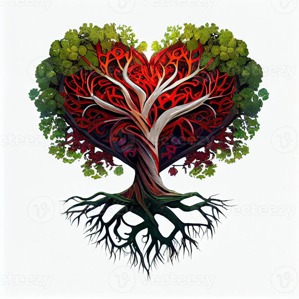 generativo ai ilustración de árbol de vida, raíces haciendo rojo corazón forma, céltico estilo, vistoso, blanco antecedentes foto