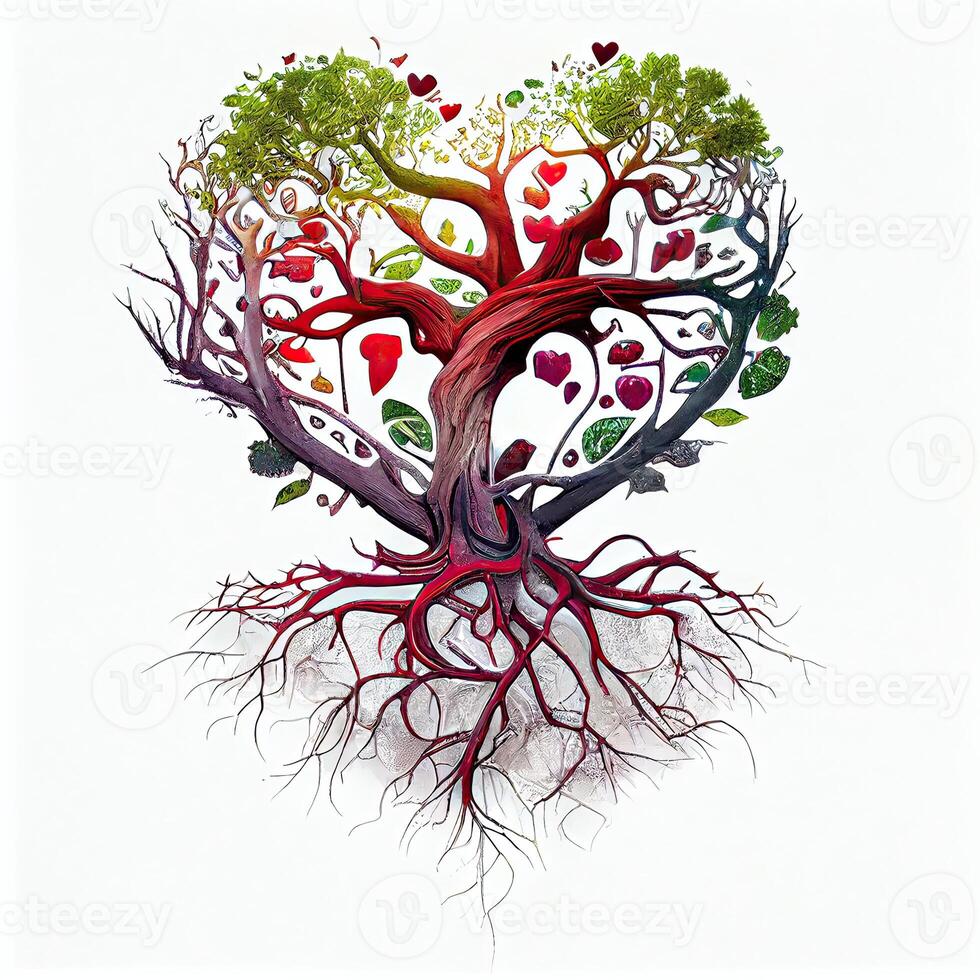 illustration of tree of life, roots making red heart shape, celtic style, colorful, white background photo