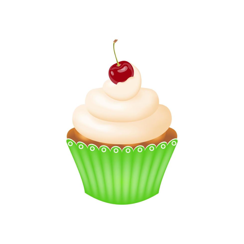 Cake with cherry on top. Delicious cupcake with whipped cream and cherry, packaged in a green corrugated paper cup, on a white background. Vector illustration.