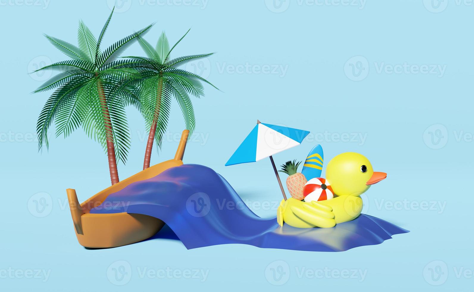 yellow inflatable duck with umbrella,ball,pineapple,surfboard,palm trees,sea waves,boat isolated on blue,abstract background.summer travel concept, 3d illustration or 3d render photo