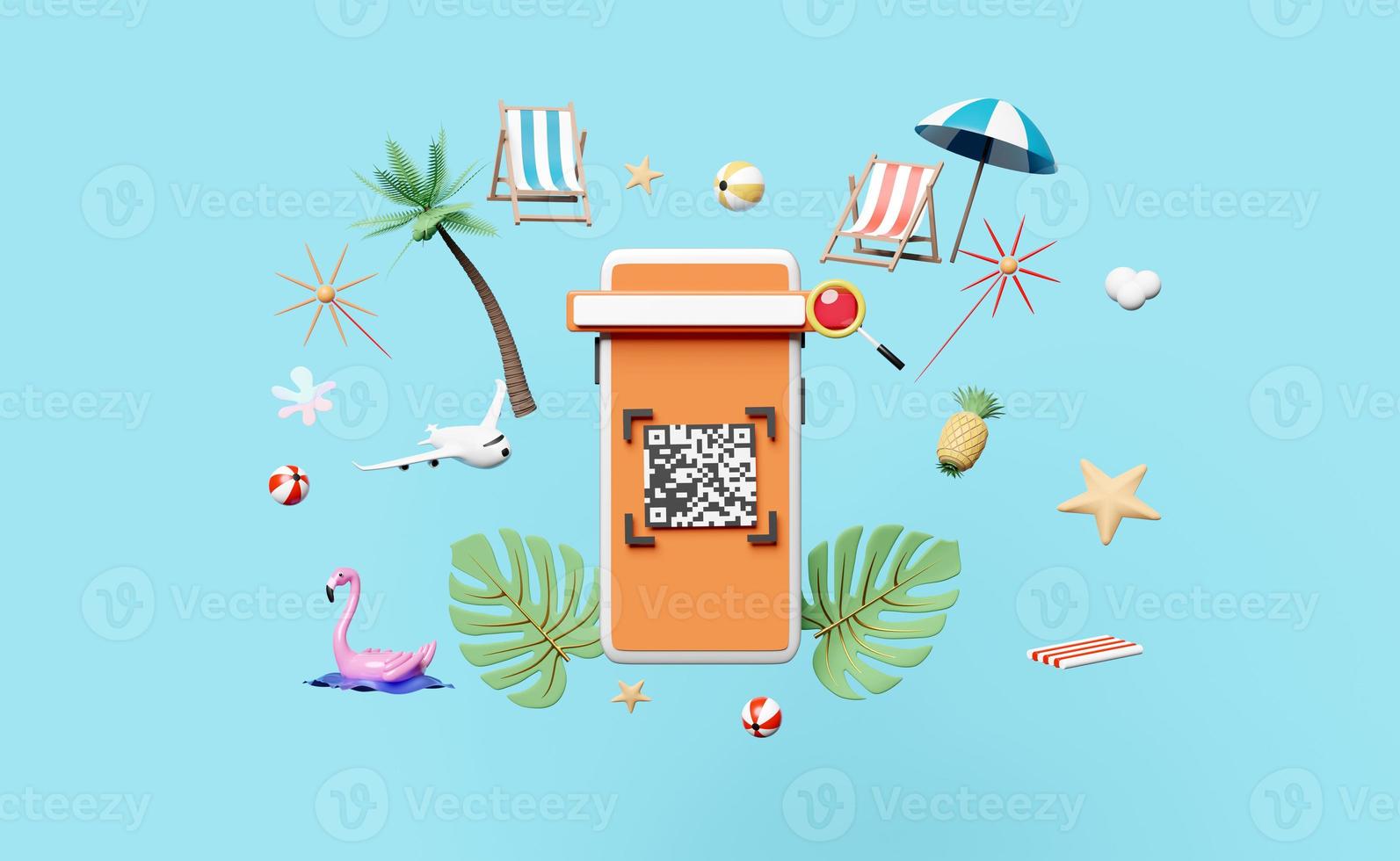 mobile phone, smartphone with palms, beach chair, qr code scanning, plane isolated on blue background. web search, online shopping, summer travel vacation concept, 3d illustration or 3d render photo