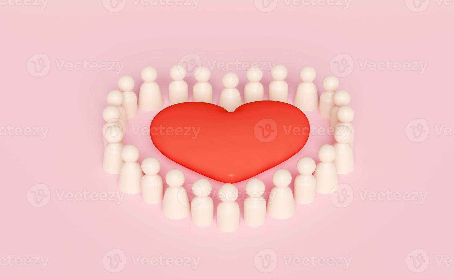 wooden figures group with red heart isolated on pink background.  give and share love concept, 3d illustration, 3d render photo