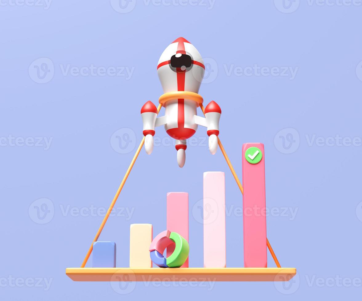 3D charts and graph with rocket, checkmark, analysis business financial data, Online marketing isolated on purple background. business growth, strategy concept, 3d render illustration, clipping path photo