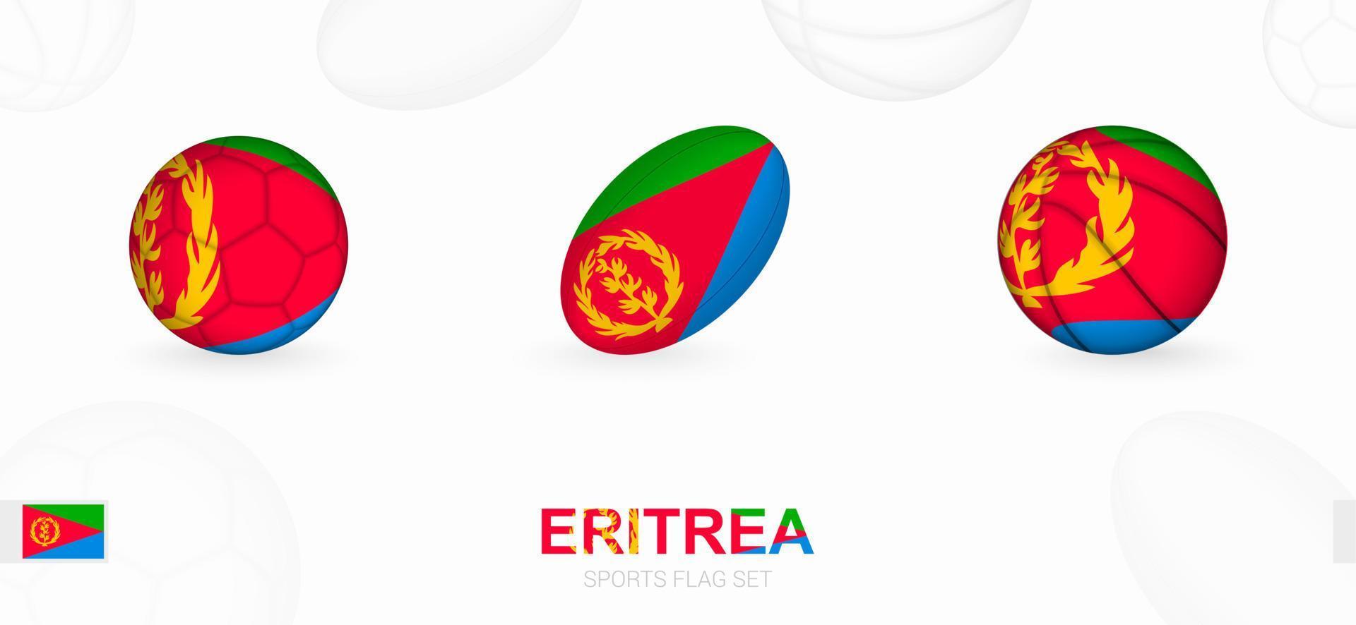 Deportes íconos para fútbol, rugby y baloncesto con el bandera de eritrea vector