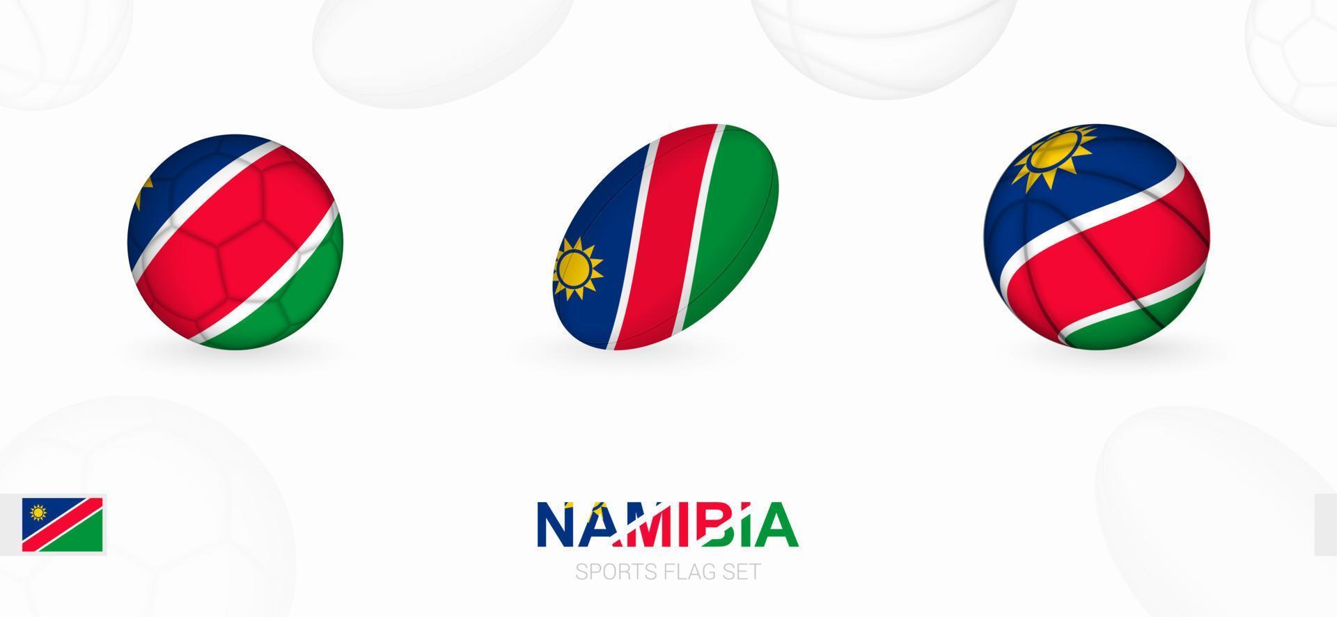 Deportes íconos para fútbol, rugby y baloncesto con el bandera de Namibia. vector