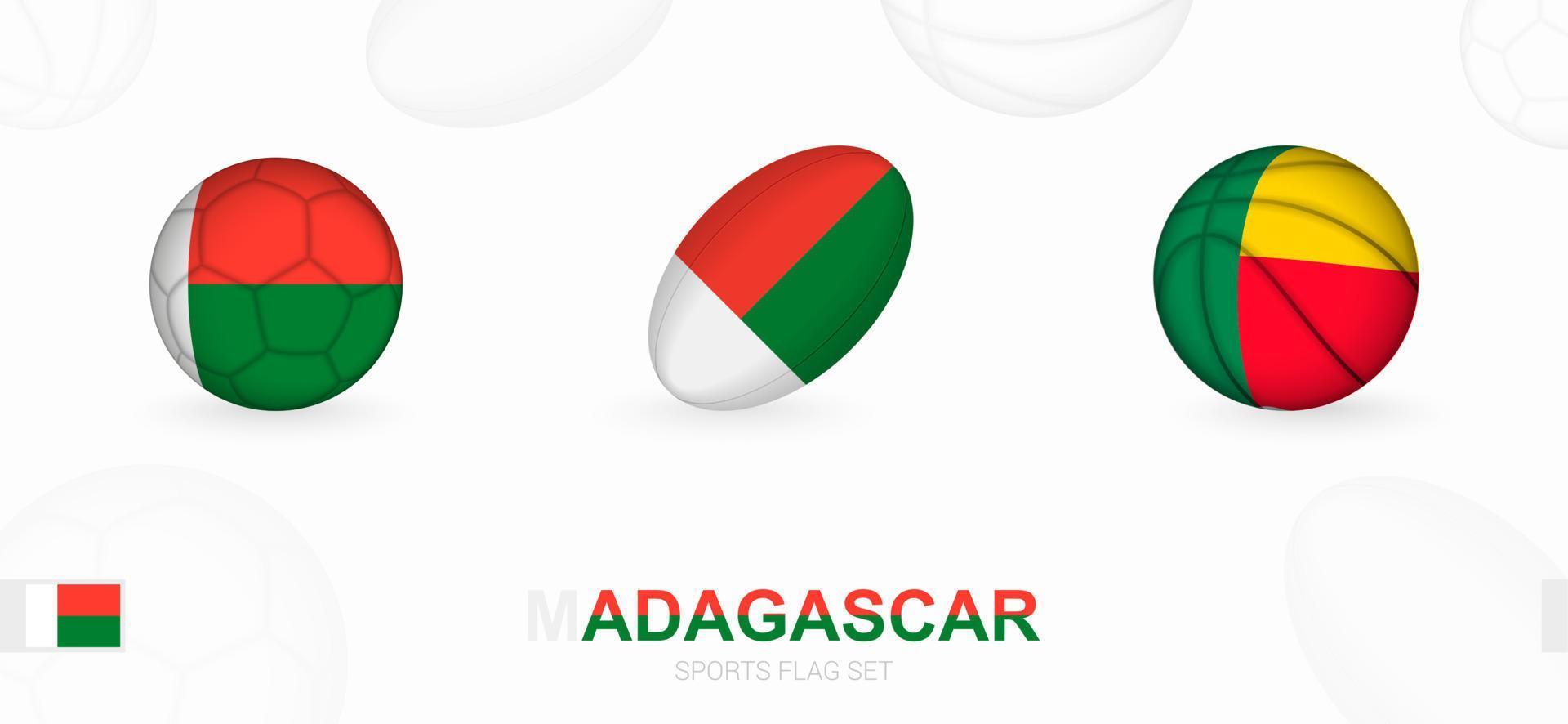 Deportes íconos para fútbol, rugby y baloncesto con el bandera de Madagascar. vector